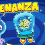 Dibujo de un extraterrestre púrpura y un pez amarillo en un fondo espacial con estrellas