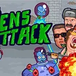 Ilustración de estilo retro con extraterrestres azules y personajes humanos, acompañada de un texto verde llamativo
