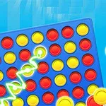 Tablero azul inclinado con fichas rojas y amarillas, formando una línea conectada con un resplandor verde