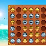 Tablero de madera sobre un fondo de playa con fichas doradas y plateadas dispuestas en filas y columnas