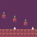 Tres personajes sobre bloques frente a obstáculos en un mundo de plataformas con fondo morado