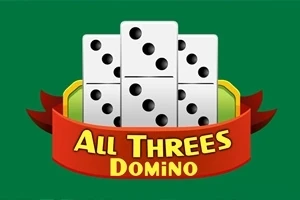Cinco fichas de dominó superpuestas con un listón rojo que tiene el texto All Threes Domino sobre un fondo verde
