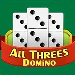 Cinco fichas de dominó superpuestas con un listón rojo que tiene el texto All Threes Domino sobre un fondo verde