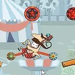 Un personaje de circo con bigote y gorra vuela impulsado por una catapulta frente a una carpa y círculos con estrellas