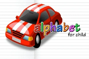 Coche rojo con rayas blancas sobre papel rayado junto al texto alphabet for child