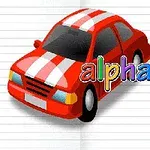 Coche rojo con rayas blancas sobre papel rayado junto al texto alphabet for child