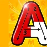 Letra A roja y blanca en 3D con flechas numeradas sobre un fondo amarillo con letras difusas