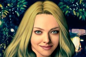 Retrato ilustrado de una mujer rubia sonriendo, con un fondo de luces y vegetación