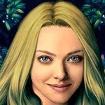 Retrato ilustrado de una mujer rubia sonriendo, con un fondo de luces y vegetación