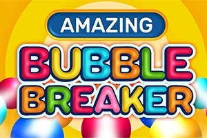 Texto colorido con las palabras Amazing Bubble Breaker enmarcado por burbujas multicolores sobre un fondo amarillo