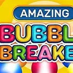 Texto colorido con las palabras Amazing Bubble Breaker enmarcado por burbujas multicolores sobre un fondo amarillo