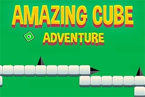 Texto en amarillo y rosa que dice Amazing Cube Adventure sobre un fondo verde con plataformas de cubos blancos y obstáculos de picos negros