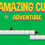 Texto en amarillo y rosa que dice Amazing Cube Adventure sobre un fondo verde con plataformas de cubos blancos y obstáculos de picos negros