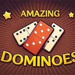 Dominoes ilustrados con estrellas doradas y texto Amazing Dominoes resaltando en un fondo marrón