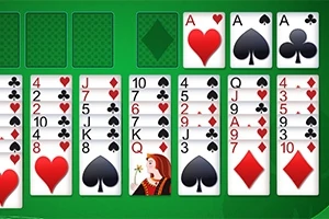 Cartas de póker ordenadas sobre un tablero verde, incluyendo ases, reyes, reinas, y números en diferentes palos