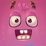 Personaje rosado con expresión divertida, ojos grandes, cejas arqueadas y pequeños cuernos marrones
