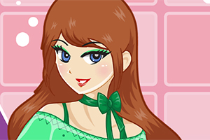 Ilustración de una chica con cabello castaño largo, ojos azules y un vestido verde con un lazo del mismo color en el cuello, sobre un fondo rosa claro con detalles geométricos