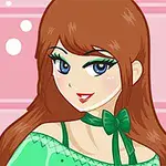 Ilustración de una chica con cabello castaño largo, ojos azules y un vestido verde con un lazo del mismo color en el cuello, sobre un fondo rosa claro con detalles geométricos