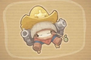 Un personaje con sombrero amarillo de vaquero, pistolas a los lados y una ramita en la boca, sobre un fondo beige