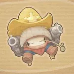 Un personaje con sombrero amarillo de vaquero, pistolas a los lados y una ramita en la boca, sobre un fondo beige
