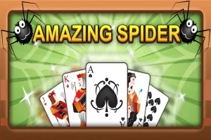 Título AMAZING SPIDER con cartas de póker y dos dibujos de arañas en las esquinas