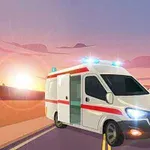 Una ambulancia blanca y roja con luces azules está estacionada en una carretera al atardecer