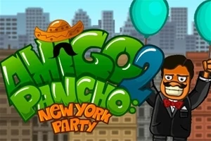 Personaje con bigote y globos azules, fondo de edificios y texto colorido