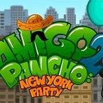 Personaje con bigote y globos azules, fondo de edificios y texto colorido