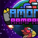 Ilustración colorida con personajes tipo astronauta y un ave con cohete volando sobre un planeta, con texto Among Rampage