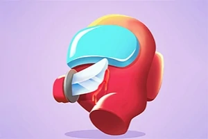 Personaje rojo con visor azul siendo apuñalado, sobre un fondo morado