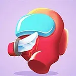 Personaje rojo con visor azul siendo apuñalado, sobre un fondo morado