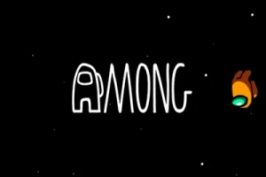 Letra blanca AMONG con una figura de astronauta junto a un pequeño personaje naranja sobre un fondo negro con estrellas