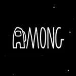 Letra blanca AMONG con una figura de astronauta junto a un pequeño personaje naranja sobre un fondo negro con estrellas