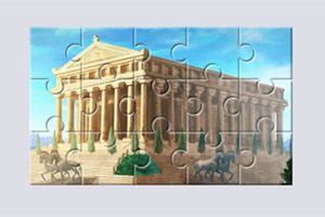 Rompecabezas con ilustración de un edificio clásico con columnas bajo un cielo azul