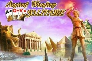 Una escena de maravillas antiguas con estatuas, templos y monumentos bajo un cielo colorido junto a cartas de póker