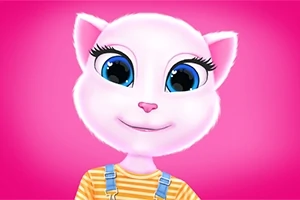 Un gato antropomórfico blanco con grandes ojos azules y un overol a rayas, sobre un fondo rosa