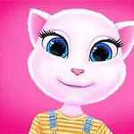 Un gato antropomórfico blanco con grandes ojos azules y un overol a rayas, sobre un fondo rosa