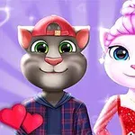 Dos personajes animados de gatos sonrientes, uno con gorra roja y otro con vestido rojo brillante, sobre un fondo púrpura con corazones