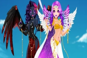 Dos figuras femeninas aladas, una con un atuendo oscuro y alas negras, la otra con un vestido dorado y alas blancas, sobre un fondo azul cielo