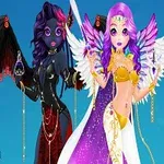 Dos figuras femeninas aladas, una con un atuendo oscuro y alas negras, la otra con un vestido dorado y alas blancas, sobre un fondo azul cielo
