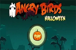 Pantalla de inicio con un fondo oscuro y árboles sombríos, un botón de calabaza que dice play y texto decorado para Halloween