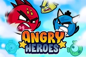 Tres personajes animados enojados de colores rojo, azul y amarillo flotan sobre un fondo de cielo azul con nubes, junto con el texto Angry Heroes