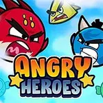 Tres personajes animados enojados de colores rojo, azul y amarillo flotan sobre un fondo de cielo azul con nubes, junto con el texto Angry Heroes