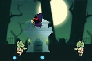 Un personaje encapuchado y con ojos rojos está en una torre, rodeado de zombies en un paisaje oscuro con árboles y una luna llena de fondo