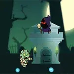 Un personaje encapuchado y con ojos rojos está en una torre, rodeado de zombies en un paisaje oscuro con árboles y una luna llena de fondo