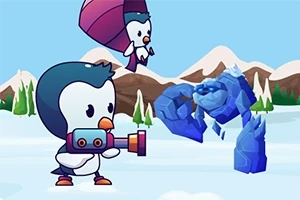 Pingüinos caricaturescos en un paisaje nevado enfrentándose a una criatura de hielo azul