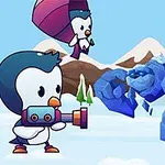 Pingüinos caricaturescos en un paisaje nevado enfrentándose a una criatura de hielo azul