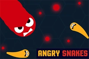 Serpiente roja con expresión enojada y dos serpientes amarillas en un fondo oscuro con puntos rojos brillantes, acompañado del texto Angry Snakes