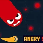 Serpiente roja con expresión enojada y dos serpientes amarillas en un fondo oscuro con puntos rojos brillantes, acompañado del texto Angry Snakes