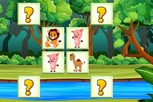 Animales dibujados, incluyendo un león, cerditos y un burro, con signos de interrogación sobre un fondo de bosque y un río